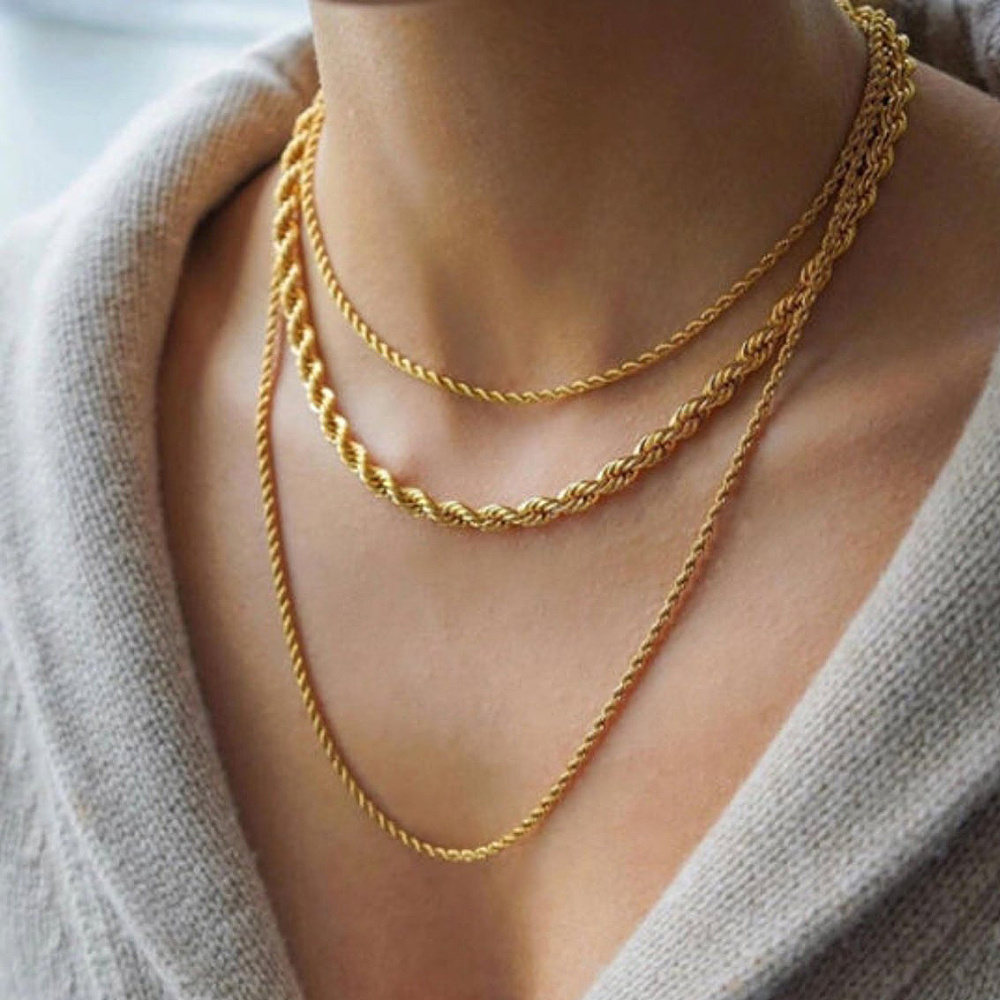 Women's Fashion 18K Gold Plated Stainless Steel Twisted Chain Necklace Chunky Rope Chain Necklace Choker Jewelry