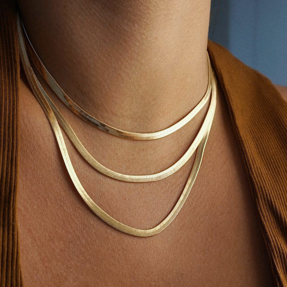 2024 Custom Trendy 18k Gold Filled Stainless Steel Herringbone Chain Necklace Snake Chain Necklace Herringbone Choker