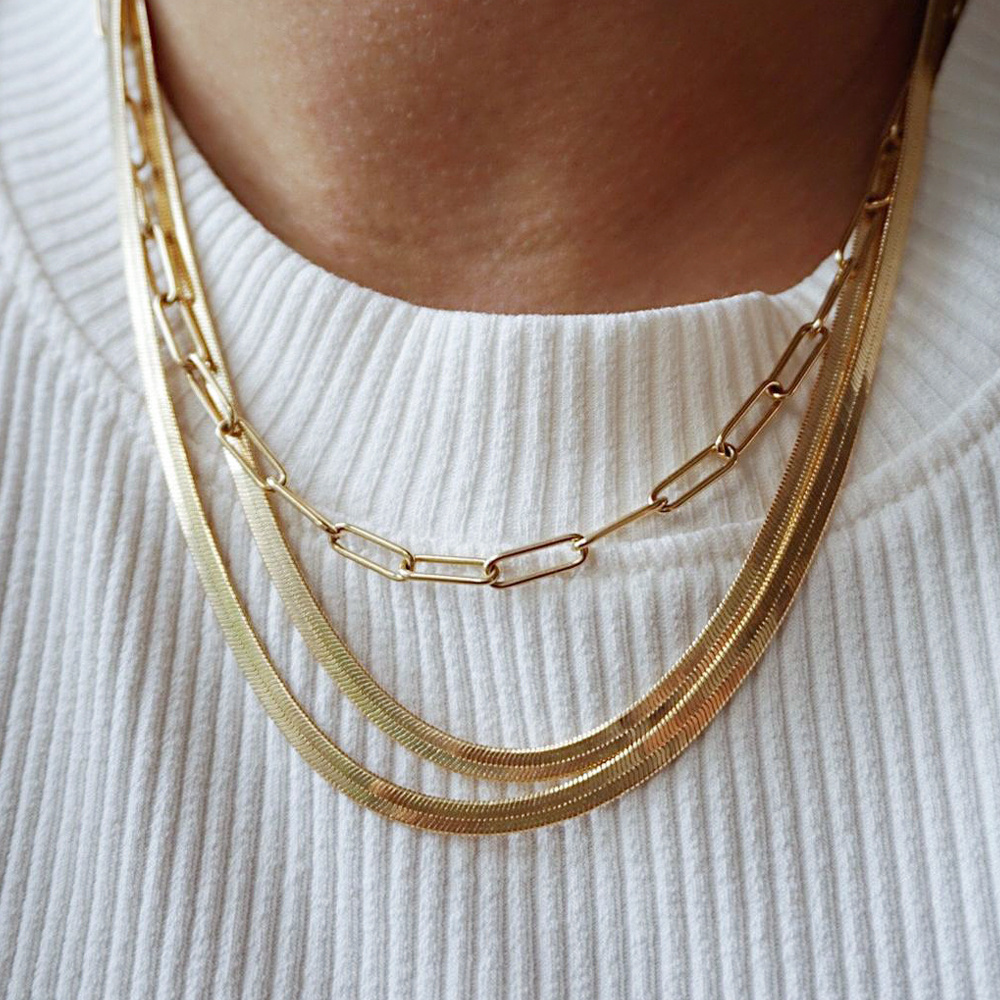 2024 Custom Trendy 18k Gold Filled Stainless Steel Herringbone Chain Necklace Snake Chain Necklace Herringbone Choker