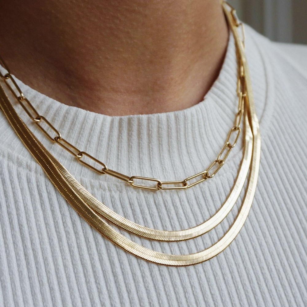 2024 Custom Trendy 18k Gold Filled Stainless Steel Herringbone Chain Necklace Snake Chain Necklace Herringbone Choker