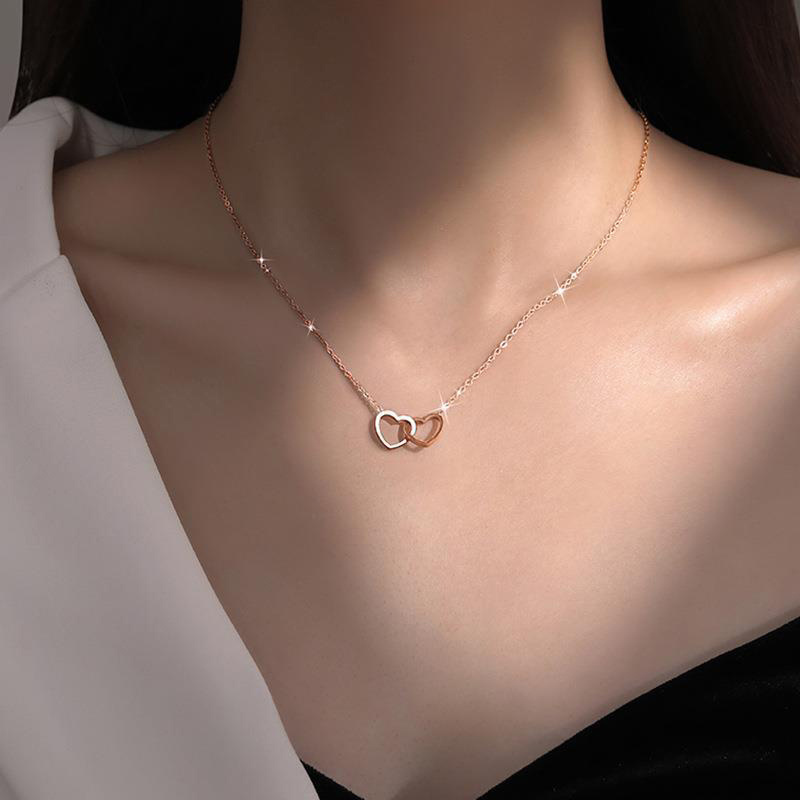 Dainty Stainless Steel 18K Gold Plated Thin Chain Intertwined Double Heart Pendant Necklace For Women Valentines Gift