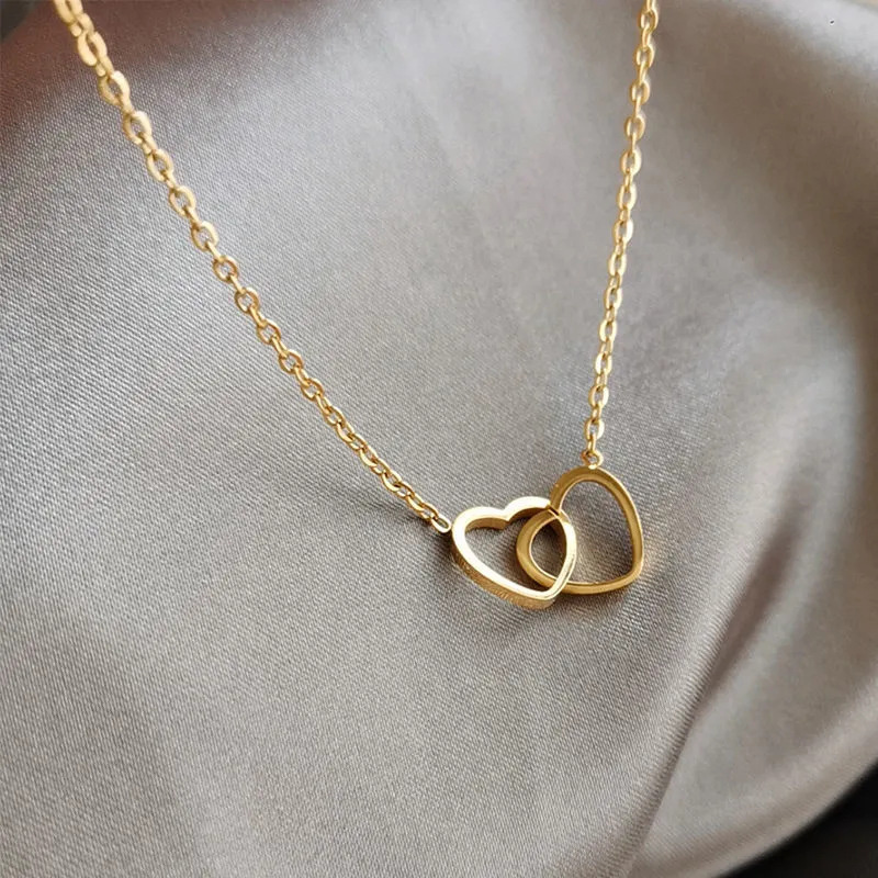 Dainty Stainless Steel 18K Gold Plated Thin Chain Intertwined Double Heart Pendant Necklace For Women Valentines Gift