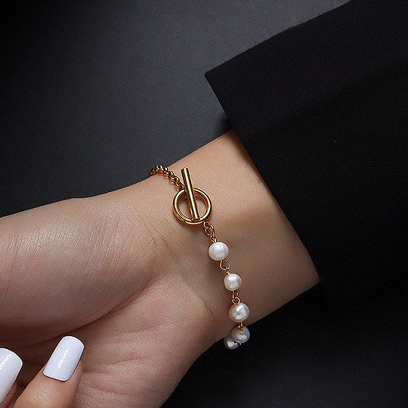 Dainty Fresh Water Pearl Bracelet Women Jewelry Stainless Steel 18K Gold Filled Toggle Clasp Bracelet Femme