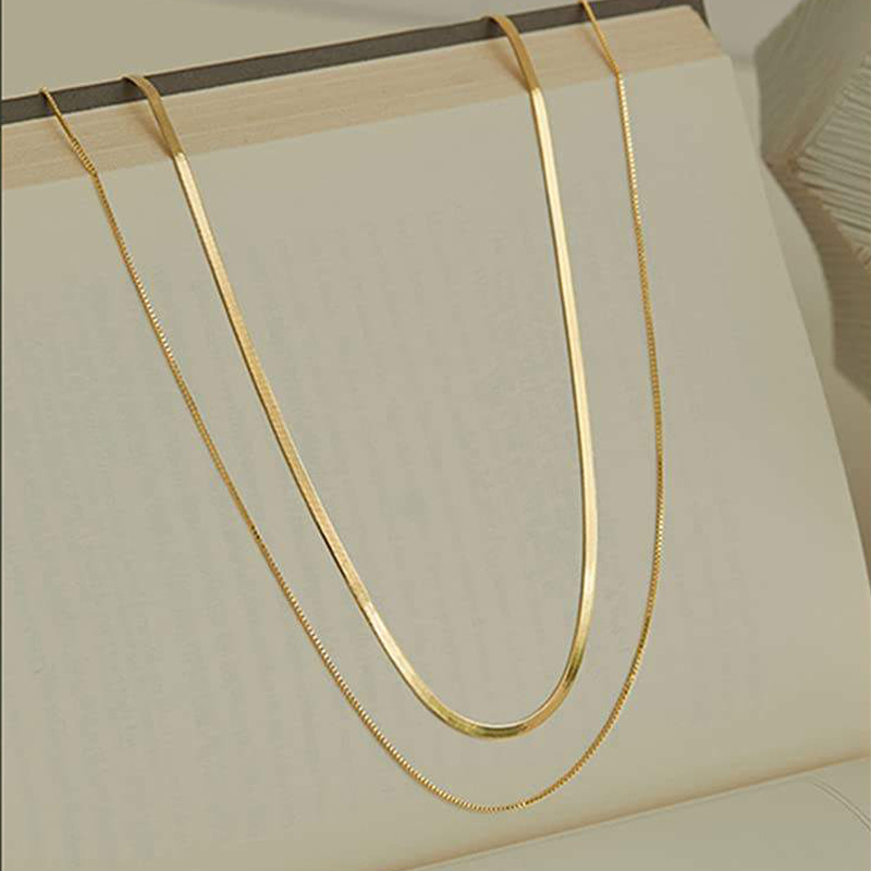 Dainty 18K Gold Filled Flat Skinny Snake Chain Necklace Stainless Steel Layered Herringbone Choker Necklace for Women