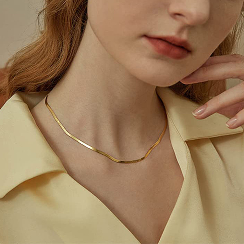 Dainty 18K Gold Filled Flat Skinny Snake Chain Necklace Stainless Steel Layered Herringbone Choker Necklace for Women