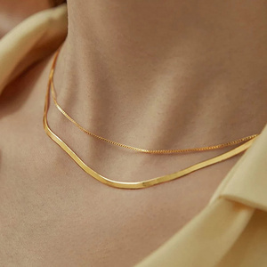 Dainty 18K Gold Filled Flat Skinny Snake Chain Necklace Stainless Steel Layered Herringbone Choker Necklace for Women