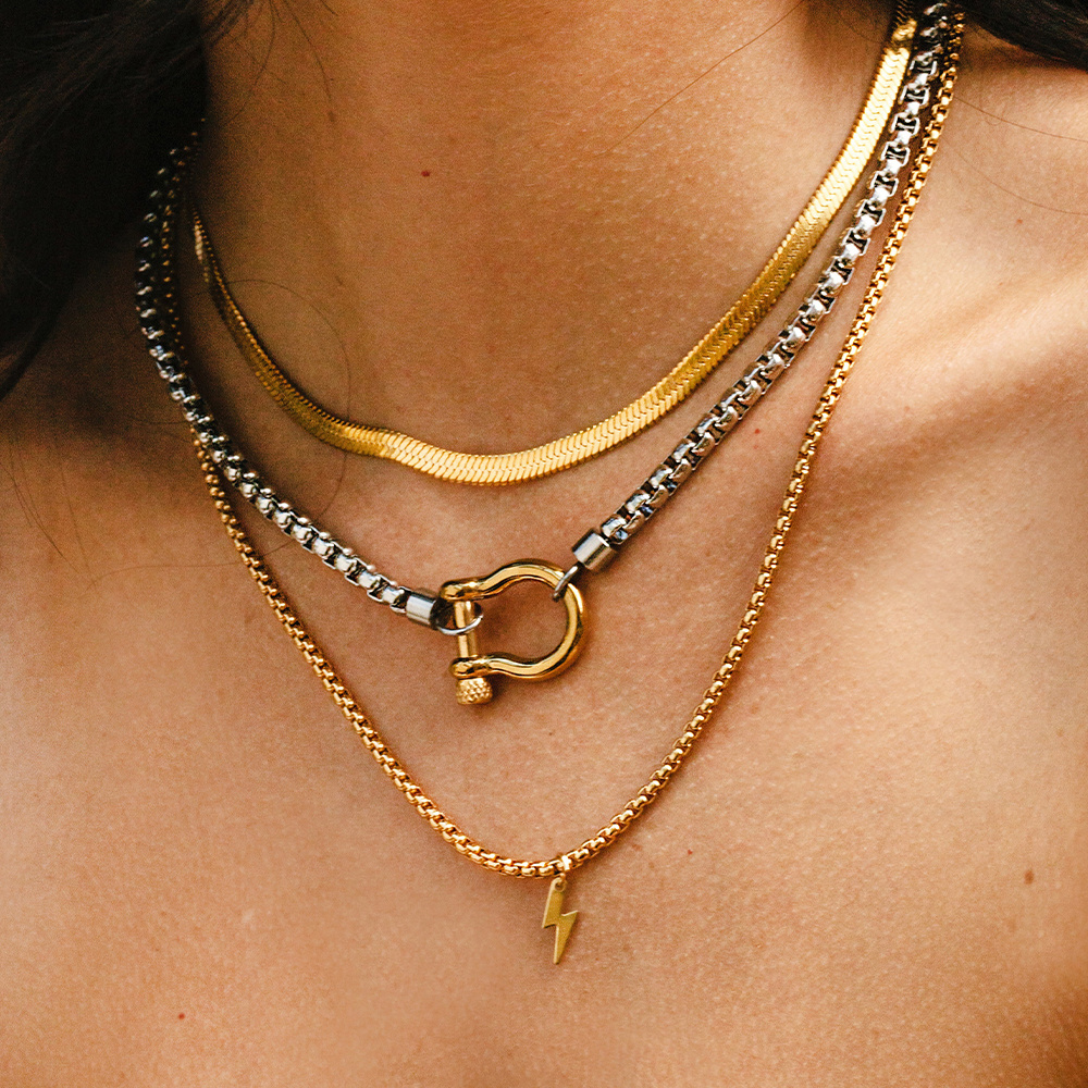 Fashion 18K Gold Plated Stainless Steel Box Chain Necklace Choker Jewelry Women Men Hypoallergenic Chunky Horseshoe Necklace