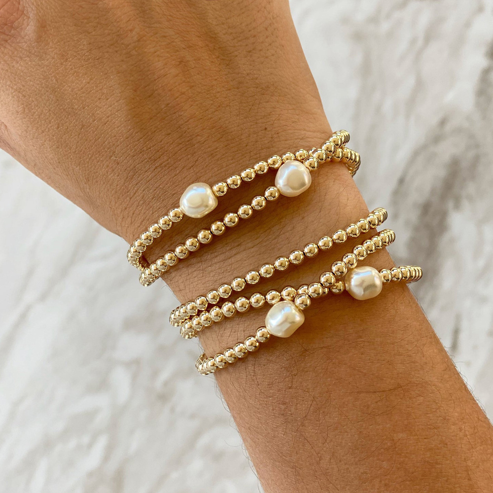 Classic 18k Gold Plated Stainless Steel Beads Natural Freshwater Pearl Bracelet Beaded Stretch Stacking Bracelets for Women