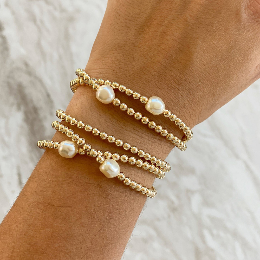 Classic 18k Gold Plated Stainless Steel Beads Natural Freshwater Pearl Bracelet Beaded Stretch Stacking Bracelets for Women