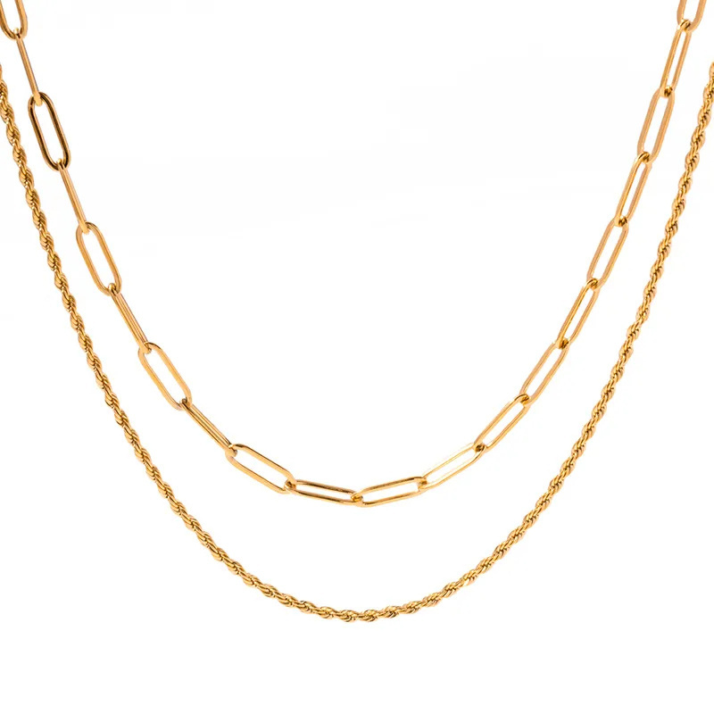 Waterproof 18k Gold Plated Layered Chain Necklace Dainty Stainless Steel Paperclip Chain Necklace Jewelry For Women