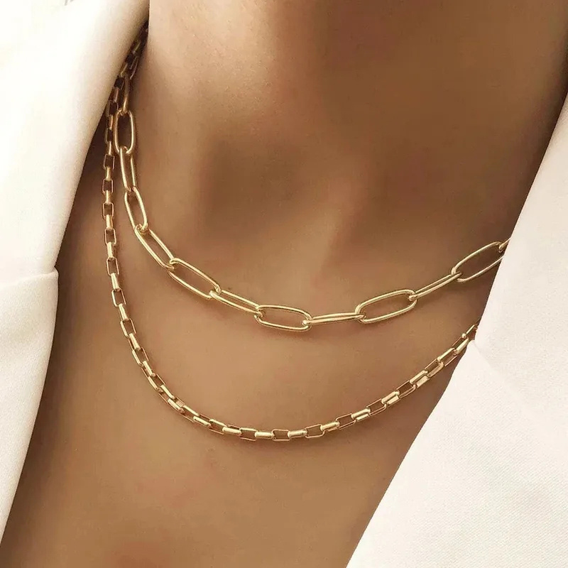 Waterproof 18k Gold Plated Layered Chain Necklace Dainty Stainless Steel Paperclip Chain Necklace Jewelry For Women