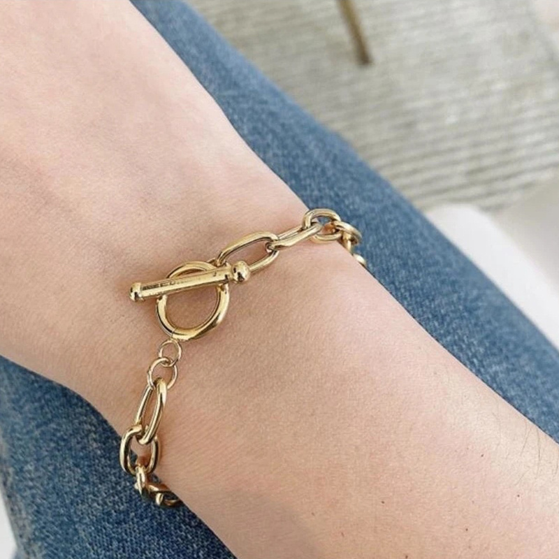 Classic Gold Paperclip Chain Bracelet OT Toggle Gold Plated Stainless Steel Oval Link Chain Bracelet For Women