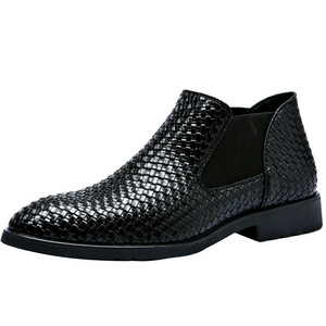 Men Boots Fashion Slip On Shoes Weave Pattern PU Leather High Top Men Casual Boots