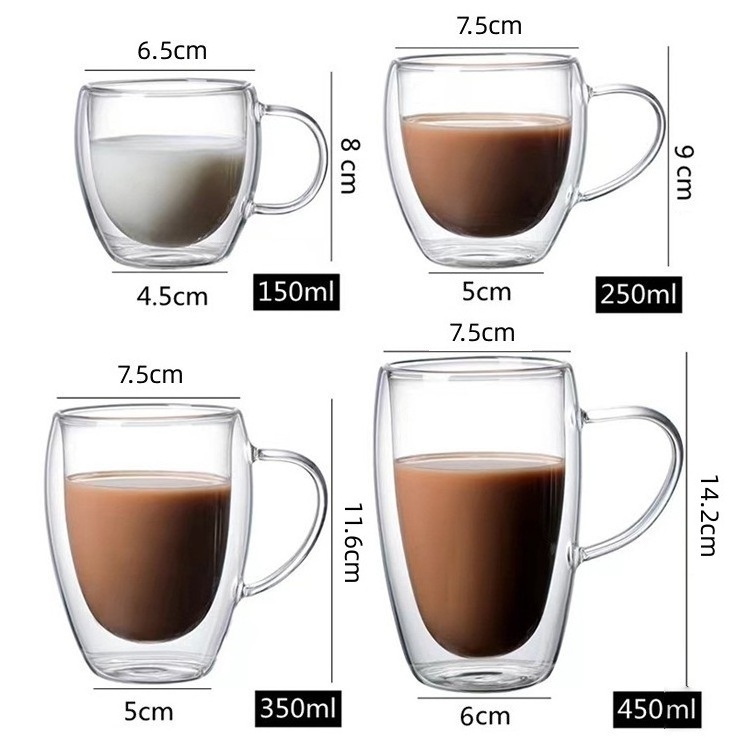 Custom Logo Insulated High Borosilicate 12 OZ Double Wall Glass Coffee Coffee Mugs With Handle