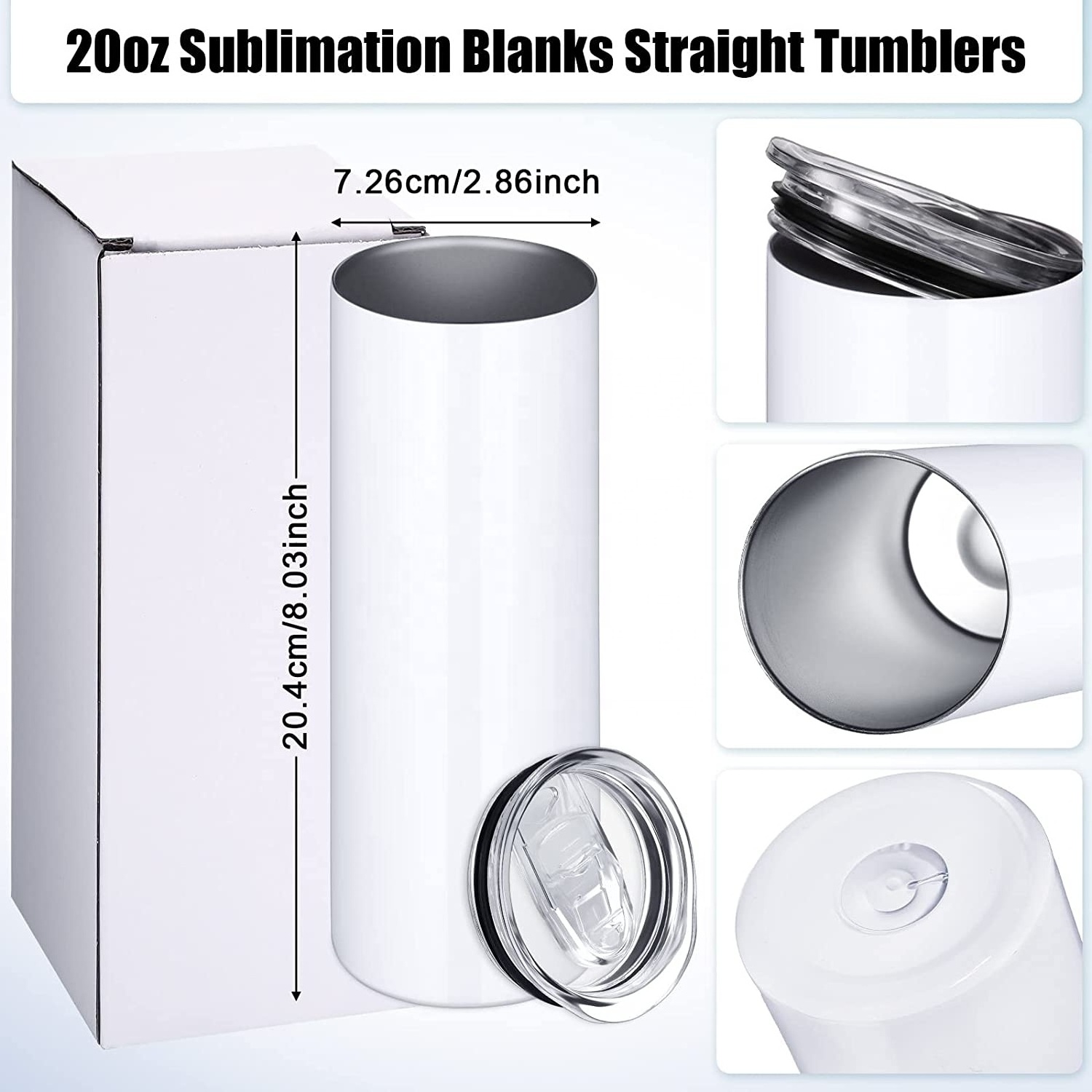 Y16 Stainless Steel Double Wall 20 oz Skinny  Sublimation Blanks tumblers 20OZ Straight White Skinny Tumbler With Straw