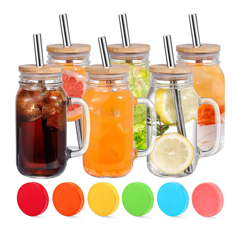 Wholesale 24oz Drinking Glass Mason Jars Mugs With Stainless Steel Straw Lid And Handles