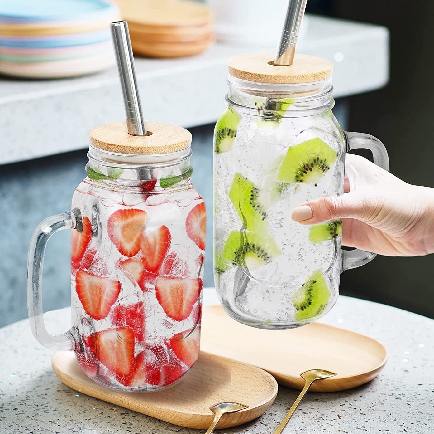 Wholesale 24oz Drinking Glass Mason Jars Mugs With Stainless Steel Straw Lid And Handles