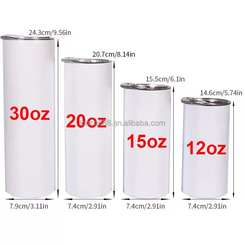 Wholesale Customizable 20oz 30oz White Stainless Steel Double Wall skinny straight Sublimation Cups Blank Tumbler