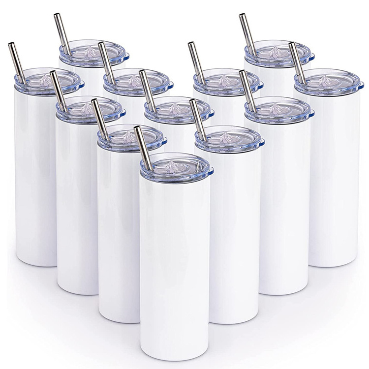 Wholesale 20oz 30oz Straight Skinny  Stainless Steel DIY Printing White Sublimation Blank Tumblers With Straw And Lid