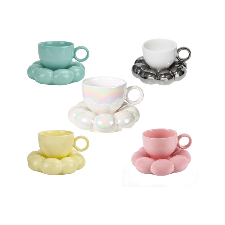 Hot Selling Pastel Colors Creative Milk Tea Cup Ceramic Cute Coffee Mugs With Sunflower Shape Saucers