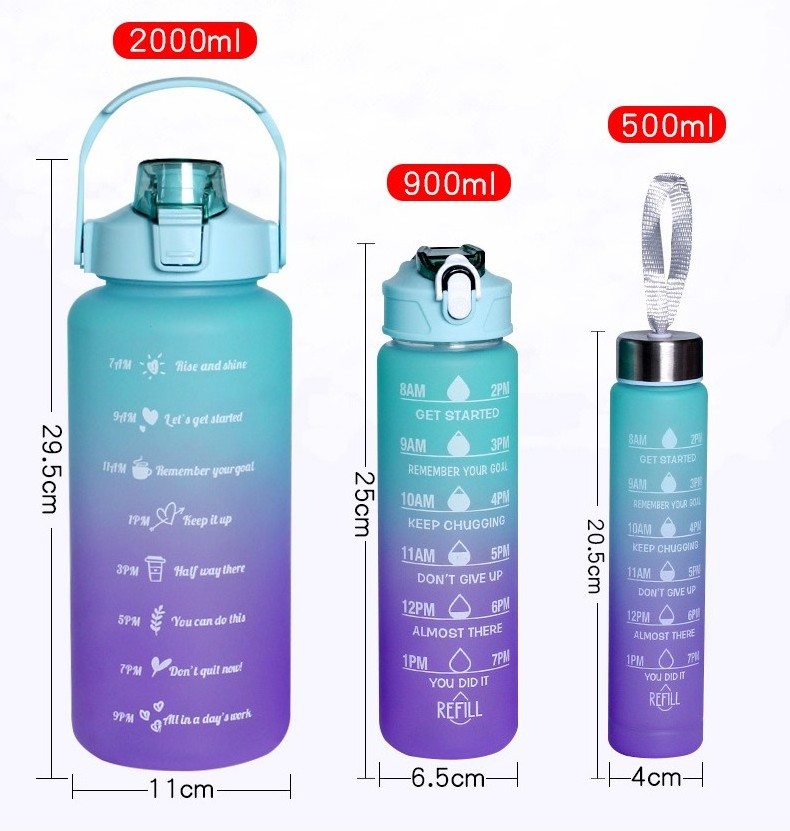 Factory Direct 2 Liter Plastic Sport Bpa Free Gym Set 3 Pcs Motivational Water Bottle With Straw And Handgrip