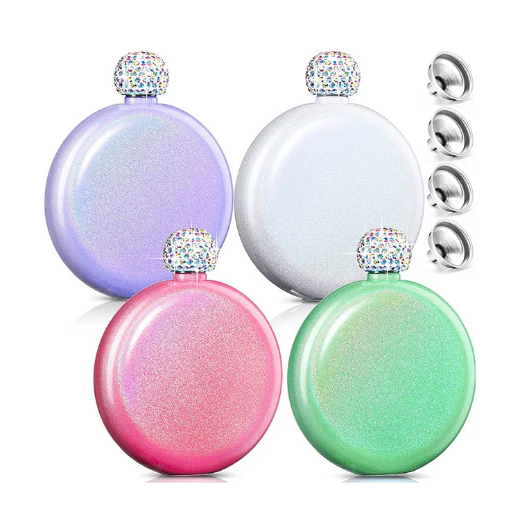 Personalized Gift Women's Colorful Shimmer Round Flask Stainless Steel 5OZ Circle Glitter Round Hip Flask With Bling Lids