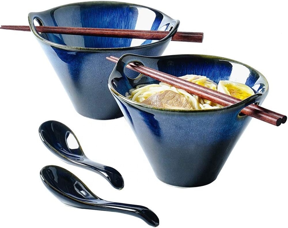 Y220 Japanese Style Restaurant Large Ceramic Rice Ramen Bowl And Chopsticks Set Stoneware White Noodle Bowls With Chopstick