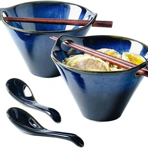 Y220 Japanese Style Restaurant Large Ceramic Rice Ramen Bowl And Chopsticks Set Stoneware White Noodle Bowls With Chopstick