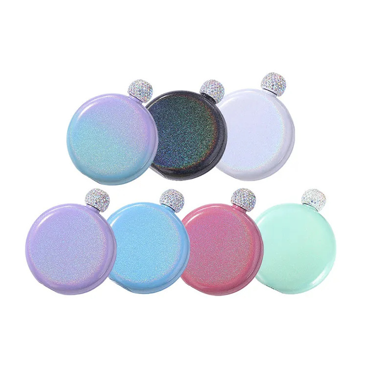 Personalized Gift Women's Colorful Shimmer Round Flask Stainless Steel 5OZ Circle Glitter Round Hip Flask With Bling Lids