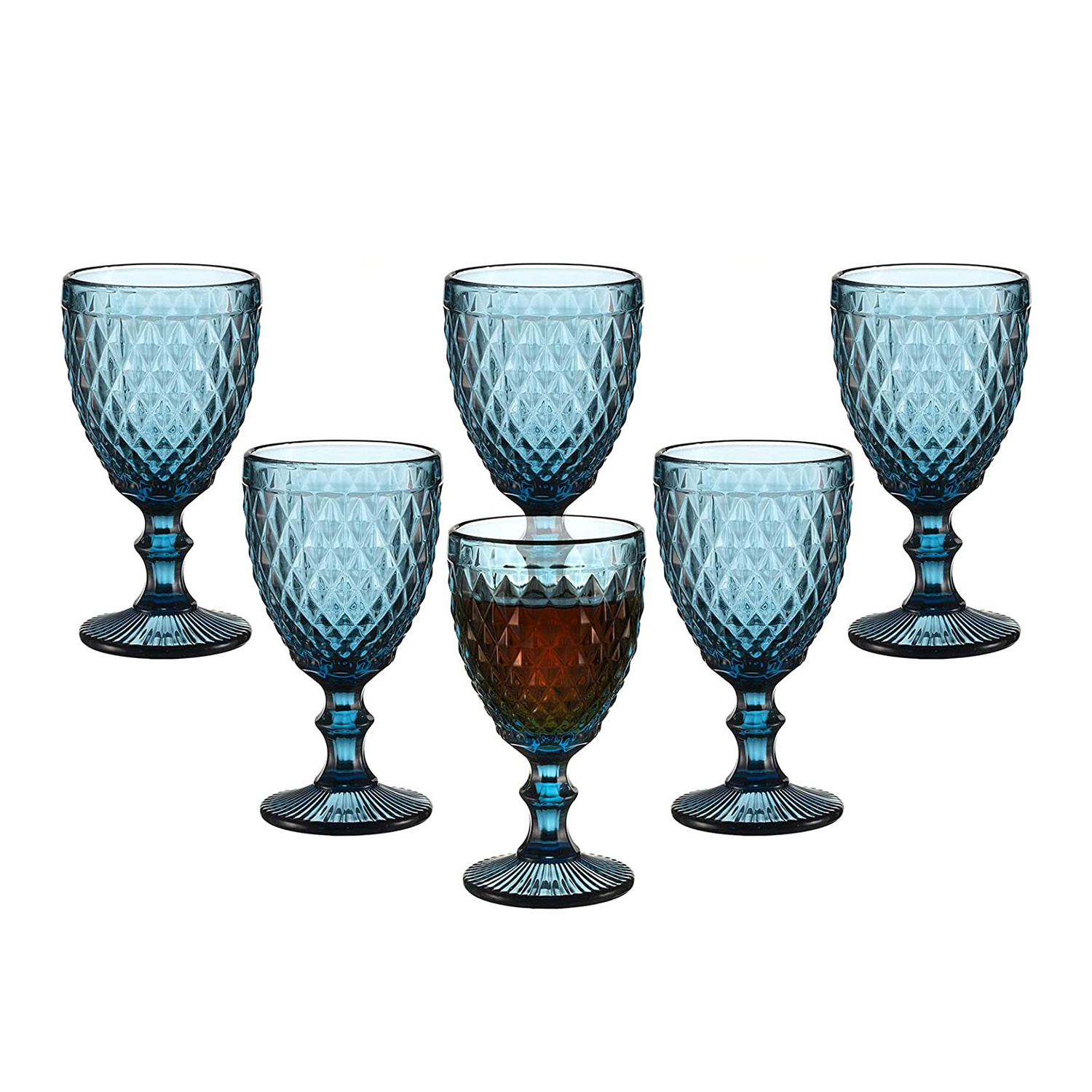 Wholesale Vintage Embossed Blue Glass Goblet High Quality Wedding Wine Water Goblets