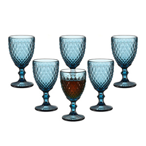 Wholesale Vintage Embossed Blue Glass Goblet High Quality Wedding Wine Water Goblets