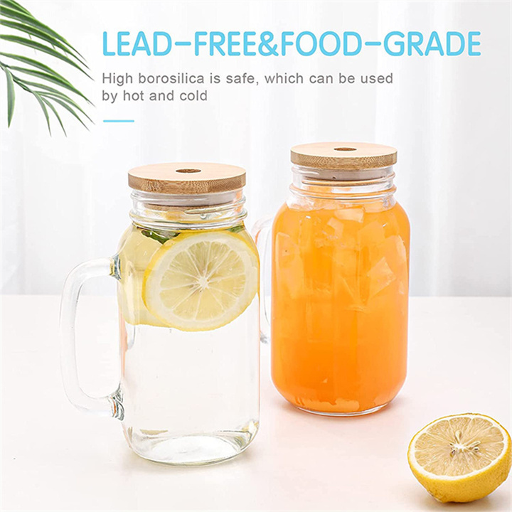 Best Selling Juice Drinking Cups With Handle 24OZ Glass Mason Jars With Lid And Straw