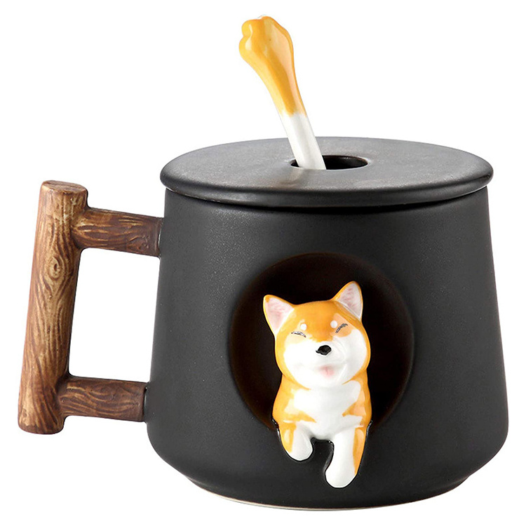 Hot Selling Wholesale Price 3D Embossed Cartoon Dog Ceramic Coffee Mugs And Cups With Lid And Spoon