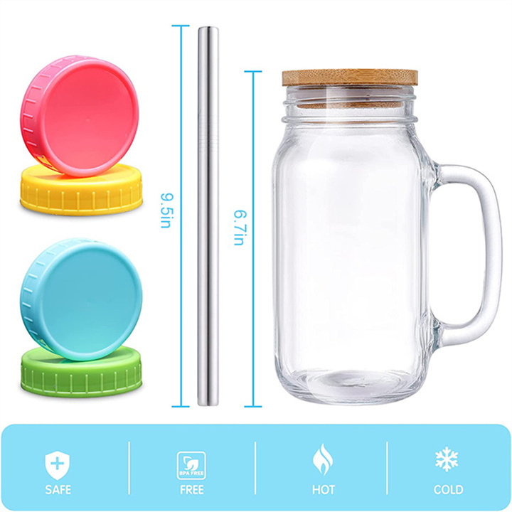 Best Selling Juice Drinking Cups With Handle 24OZ Glass Mason Jars With Lid And Straw