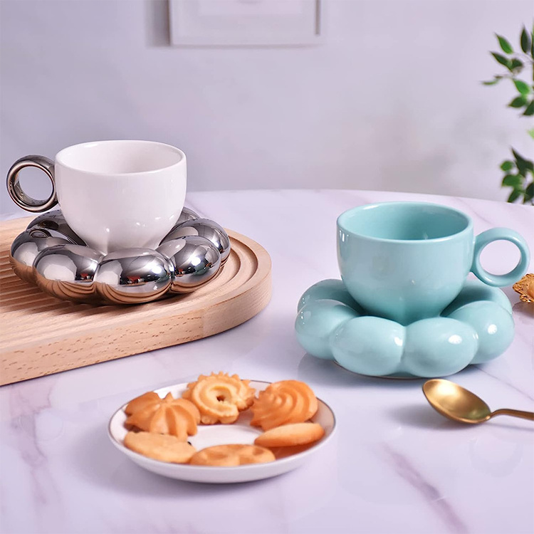 Hot Selling Pastel Colors Creative Milk Tea Cup Ceramic Cute Coffee Mugs With Sunflower Shape Saucers