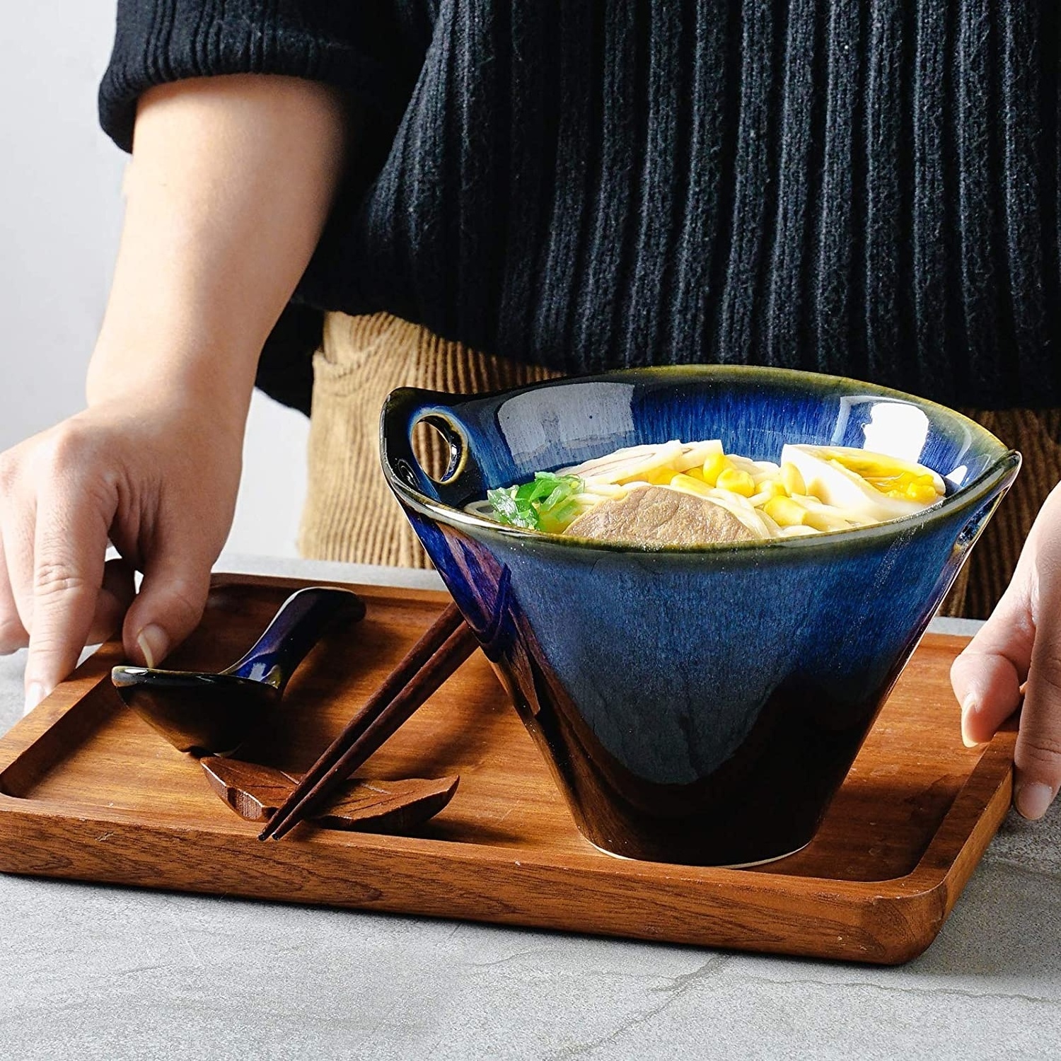 Y220 Japanese Style Restaurant Large Ceramic Rice Ramen Bowl And Chopsticks Set Stoneware White Noodle Bowls With Chopstick