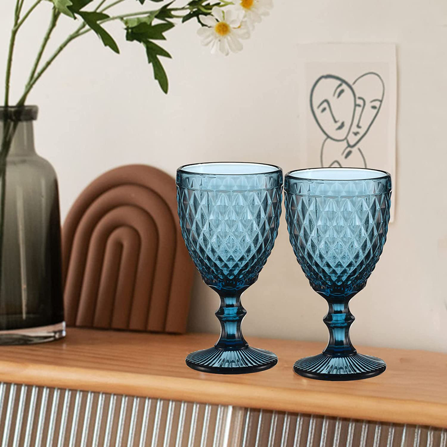 Wholesale Drinking Wedding Party Goblet Vintage Glassware 350Ml Blue Glass Water Goblet