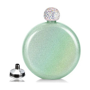 Personalized Gift Women's Colorful Shimmer Round Flask Stainless Steel 5OZ Circle Glitter Round Hip Flask With Bling Lids