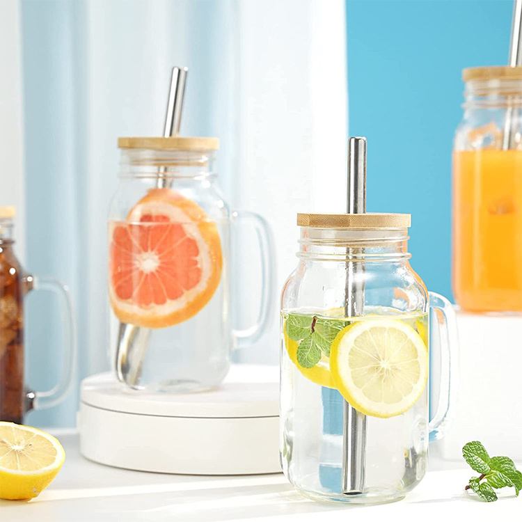 Best Selling Juice Drinking Cups With Handle 24OZ Glass Mason Jars With Lid And Straw