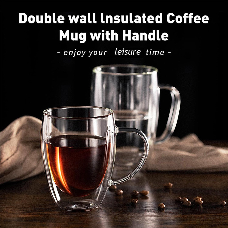 Custom Logo Insulated High Borosilicate 12 OZ Double Wall Glass Coffee Coffee Mugs With Handle