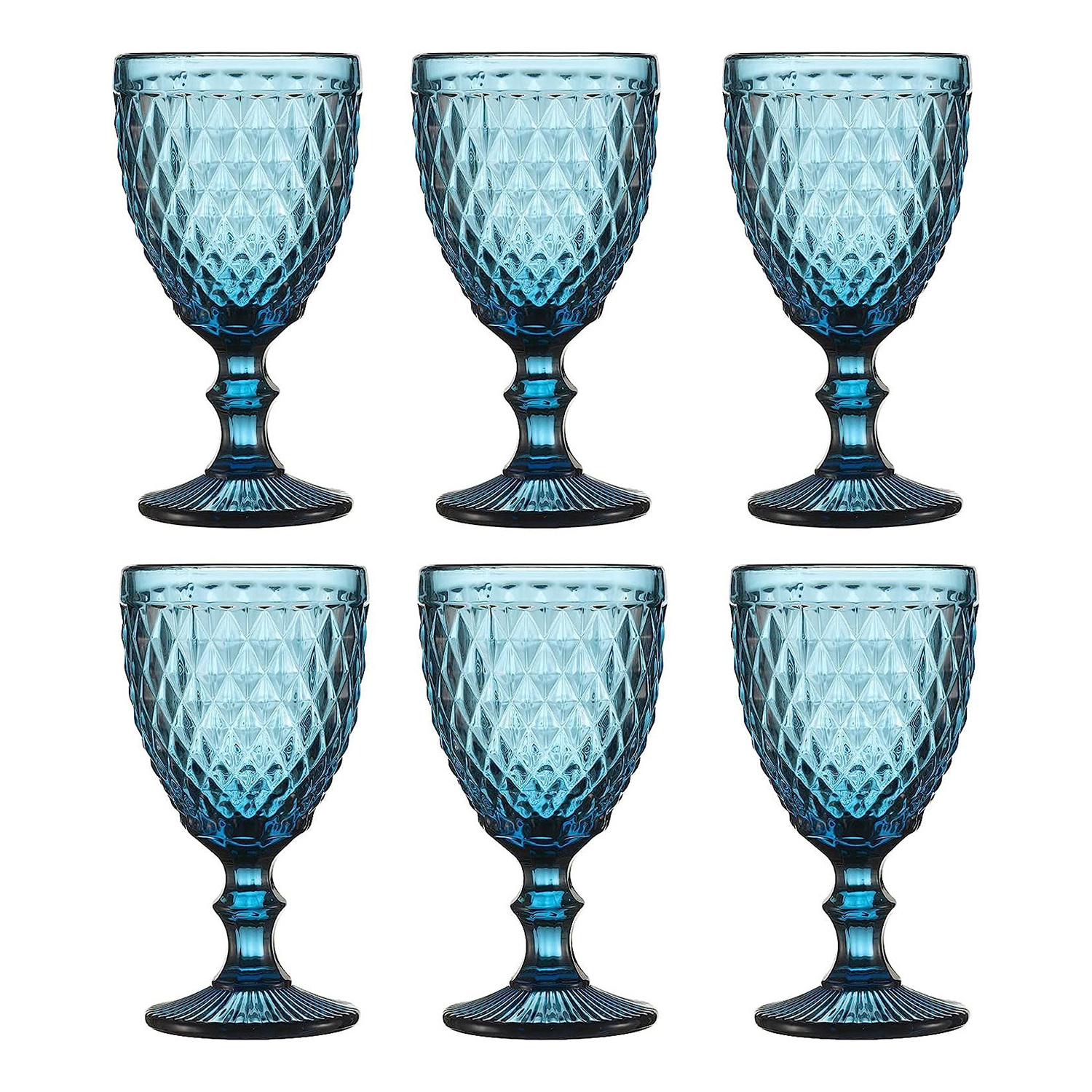 Wholesale Vintage Embossed Blue Glass Goblet High Quality Wedding Wine Water Goblets