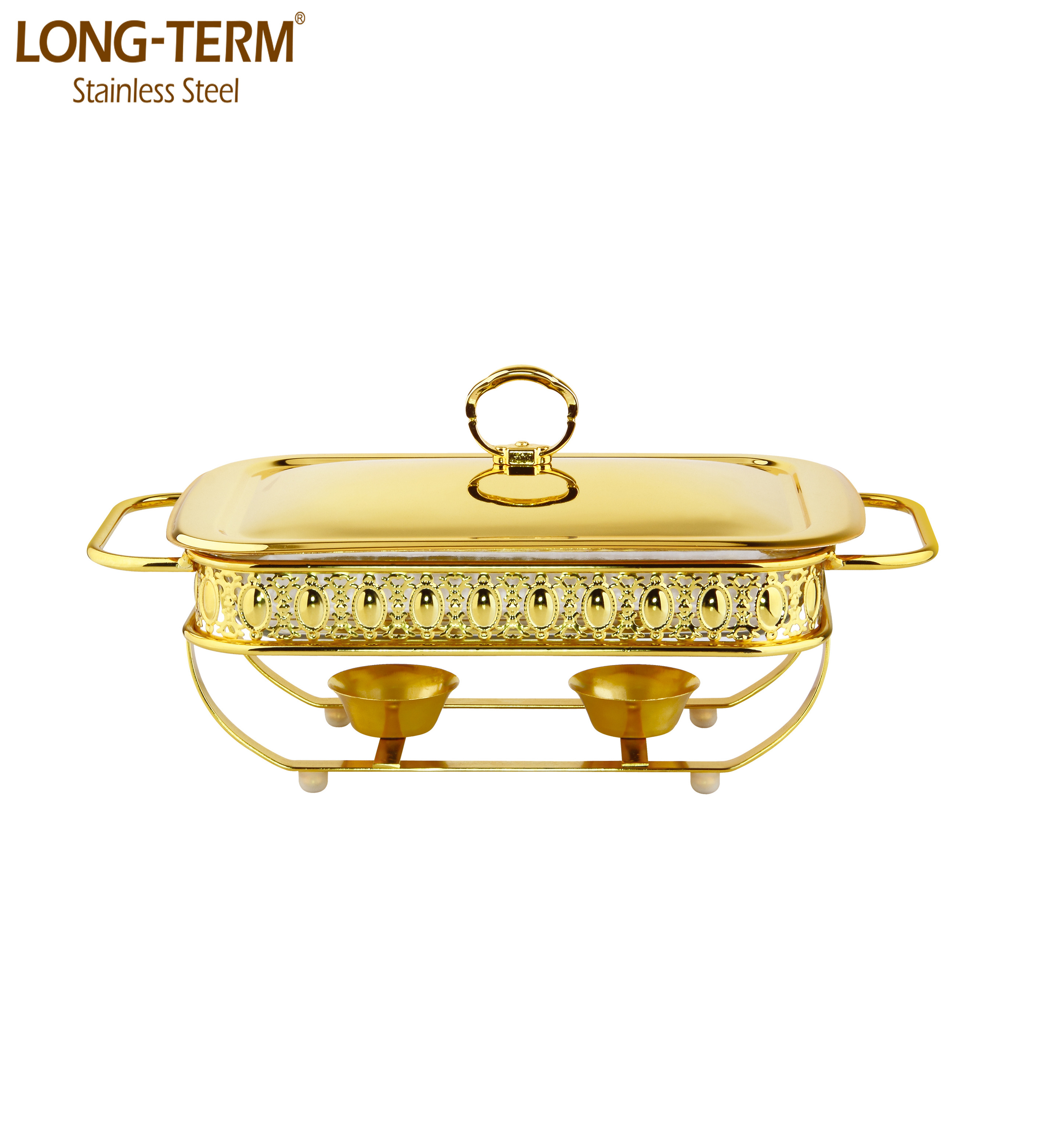 Gold luxury crown saudi arabic restaurant equipment round food warmer hinged lid hammered hanging dome chaffing