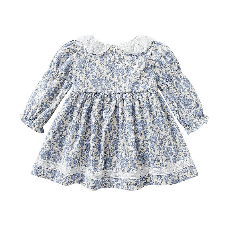 New model customized new design  floral lace bow long sleeve baby girl dress