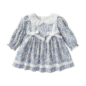 New model customized new design  floral lace bow long sleeve baby girl dress