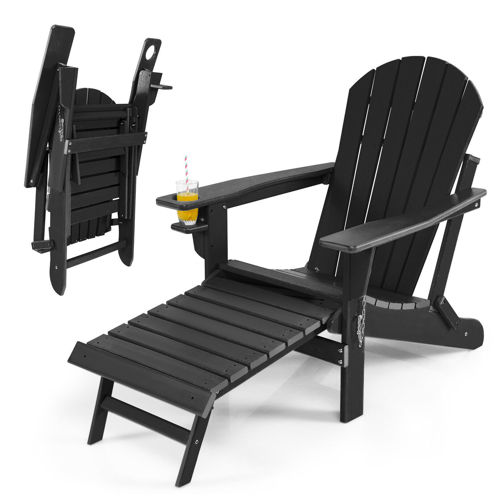 All-Weather Villa Outdoor Patio Folding Wooden HDPE Adirondack Chair With Ottoman