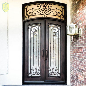 Antique arched wrought iron double swing entry door, metal front door