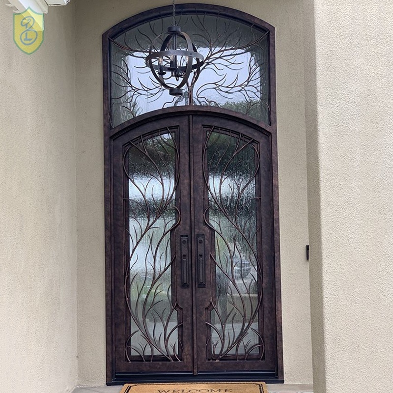 Antique arched wrought iron double swing entry door, metal front door