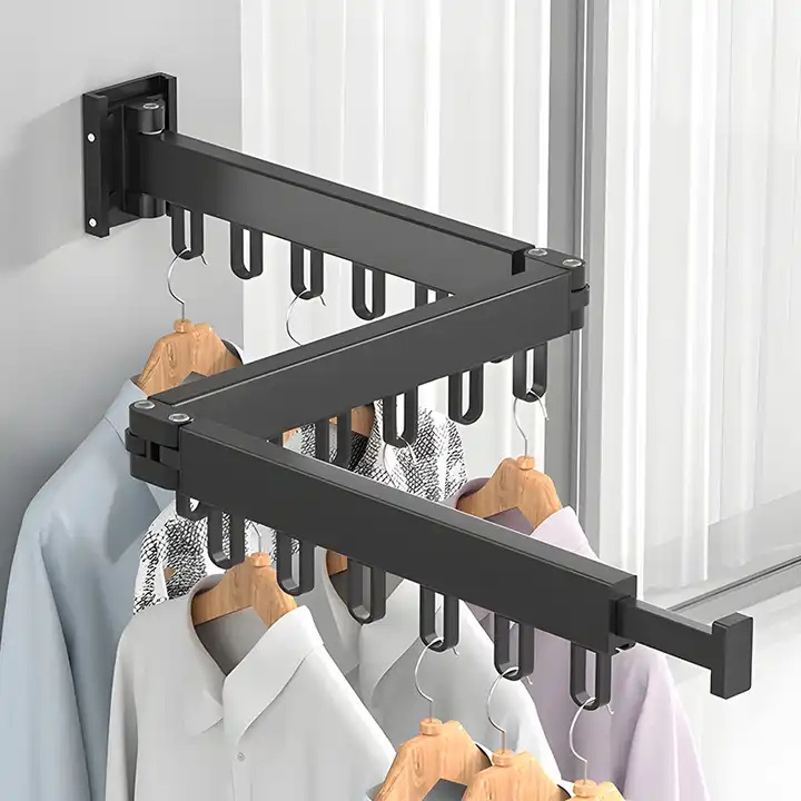 Aluminium Alloy Clothes Storage Rack Hanger Wall Shelf Mount Retractable Laundry Extend Folding Cloth Drying Rack