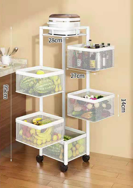 5 Tier Rotating Storage Baskets Rack Kitchen Storage Shelf Cube Fruit Vegetable Organizer with Wheels Stackable Metal Foldable