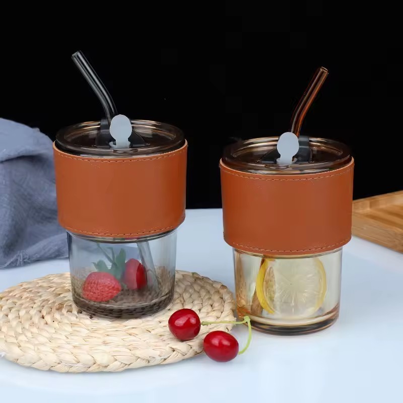 400ml Coffee Cup Glass Mug with Lids and Straws Heat Resistant Glass Water Cup